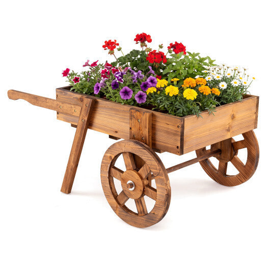 Wooden Wagon Planter with Wheels for Indoor and Outdoor Use-Brown W2B