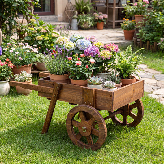 Wooden Wagon Planter with Wheels for Indoor and Outdoor Use-Brown W2B