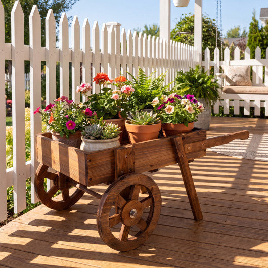 Wooden Wagon Planter with Wheels for Indoor and Outdoor Use-Brown W2B
