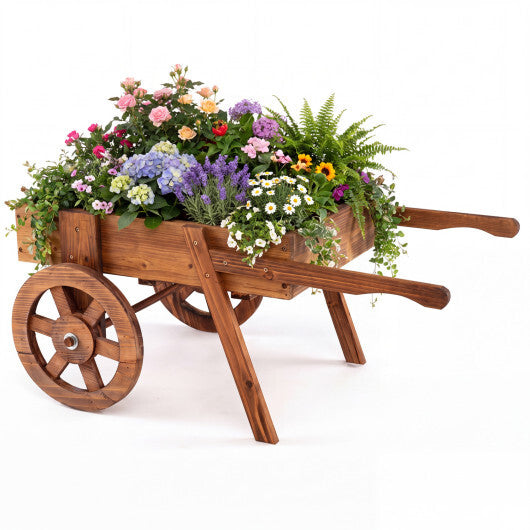 Wooden Wagon Planter with Wheels for Indoor and Outdoor Use-Brown W2B