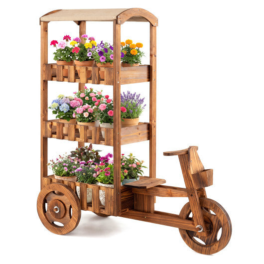 3-Tier Fir Wood Plant Stand with Fabric Canopy and 3 Wheels-Brown W2B