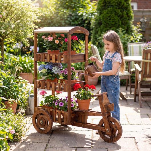 3-Tier Fir Wood Plant Stand with Fabric Canopy and 3 Wheels-Brown W2B