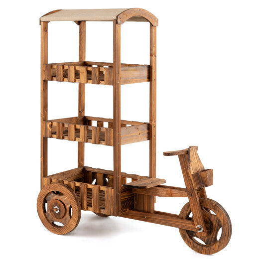 3-Tier Fir Wood Plant Stand with Fabric Canopy and 3 Wheels-Brown W2B