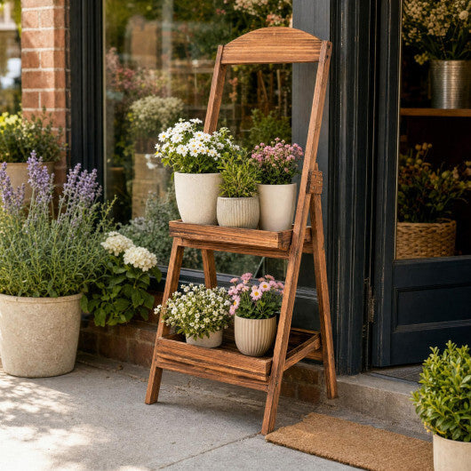 2-Tier Ladder Shelf Rustic Plant Stand with Fir Wood Frame-Rusticbrown W2B
