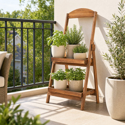 2-Tier Ladder Shelf Rustic Plant Stand with Fir Wood Frame-Rusticbrown W2B