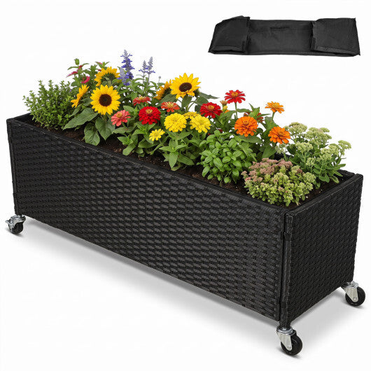 Raised Garden Bed PE Rattan Wicker Patio Planter Box with Liner and Wheels W2B