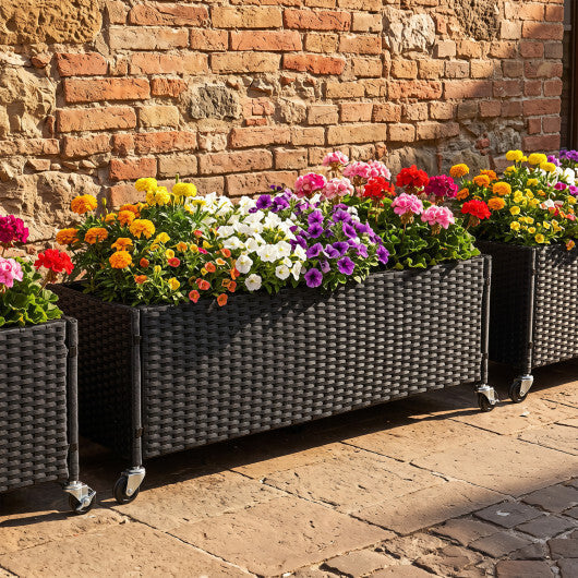 Raised Garden Bed PE Rattan Wicker Patio Planter Box with Liner and Wheels W2B