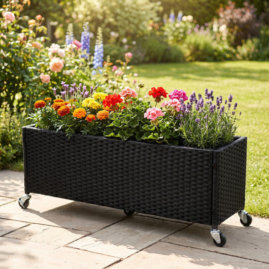 Raised Garden Bed PE Rattan Wicker Patio Planter Box with Liner and Wheels W2B