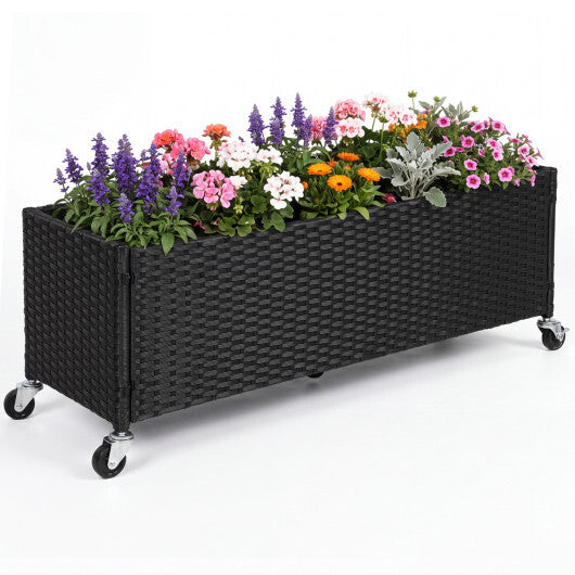 Raised Garden Bed PE Rattan Wicker Patio Planter Box with Liner and Wheels W2B