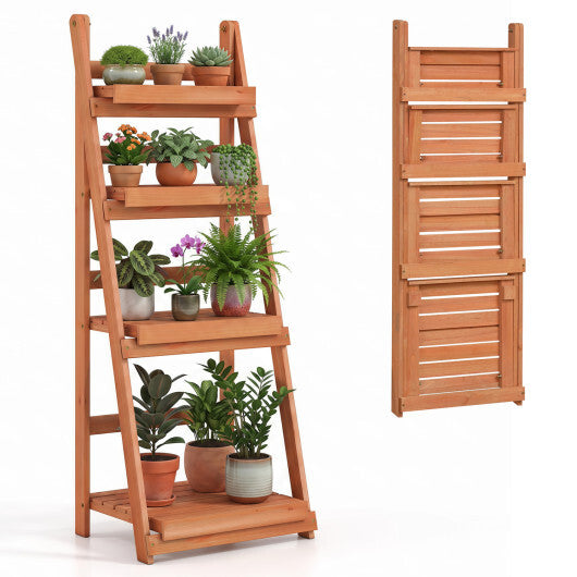 4-Tier Foldable Plant Stand with Slatted Shelves for Garden-Orange W2B