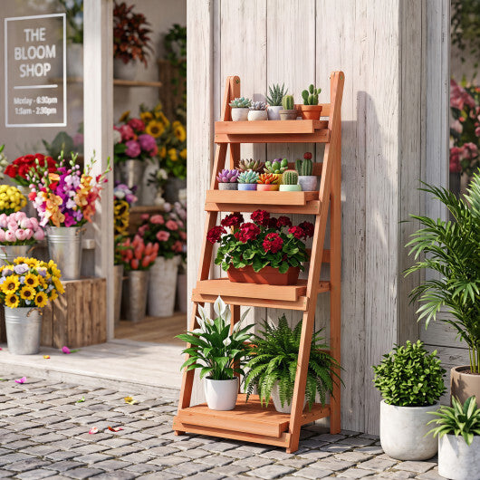 4-Tier Foldable Plant Stand with Slatted Shelves for Garden-Orange W2B