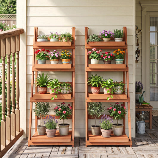 4-Tier Foldable Plant Stand with Slatted Shelves for Garden-Orange W2B