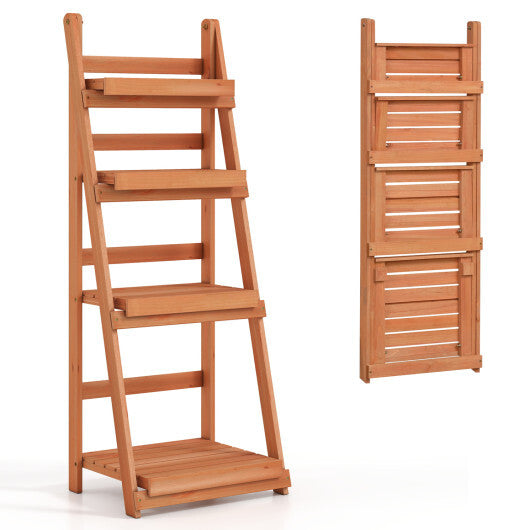 4-Tier Foldable Plant Stand with Slatted Shelves for Garden-Orange W2B
