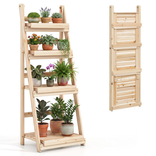 4-Tier Foldable Plant Stand with Slatted Shelves for Garden-Orange W2B