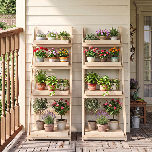 4-Tier Foldable Plant Stand with Slatted Shelves for Garden-Orange W2B