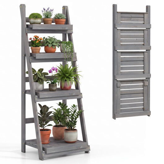 4-Tier Foldable Plant Stand with Slatted Shelves for Garden-Orange W2B