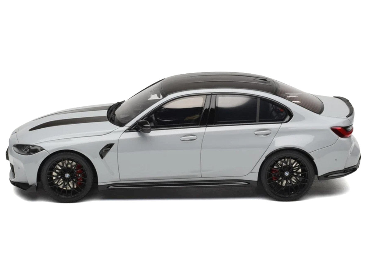 2024 BMW M3 CS M Brooklyn Gray Metallic with Black Top and Hood Stripes 1/18 Model Car by GT Spirit-0
