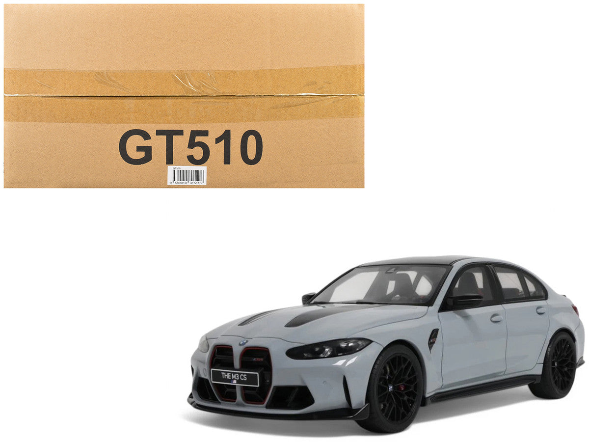 2024 BMW M3 CS M Brooklyn Gray Metallic with Black Top and Hood Stripes 1/18 Model Car by GT Spirit-2