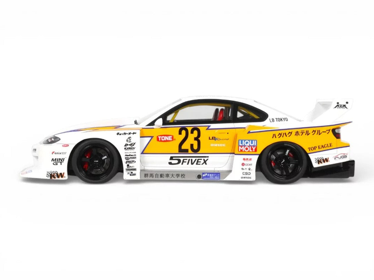 2021 Nissan Silvia (S15) LB-Super Silhouette RHD (Right Hand Drive) #23 White with Yellow Stripes 1/18 Model Car by GT Spirit GT Spirit