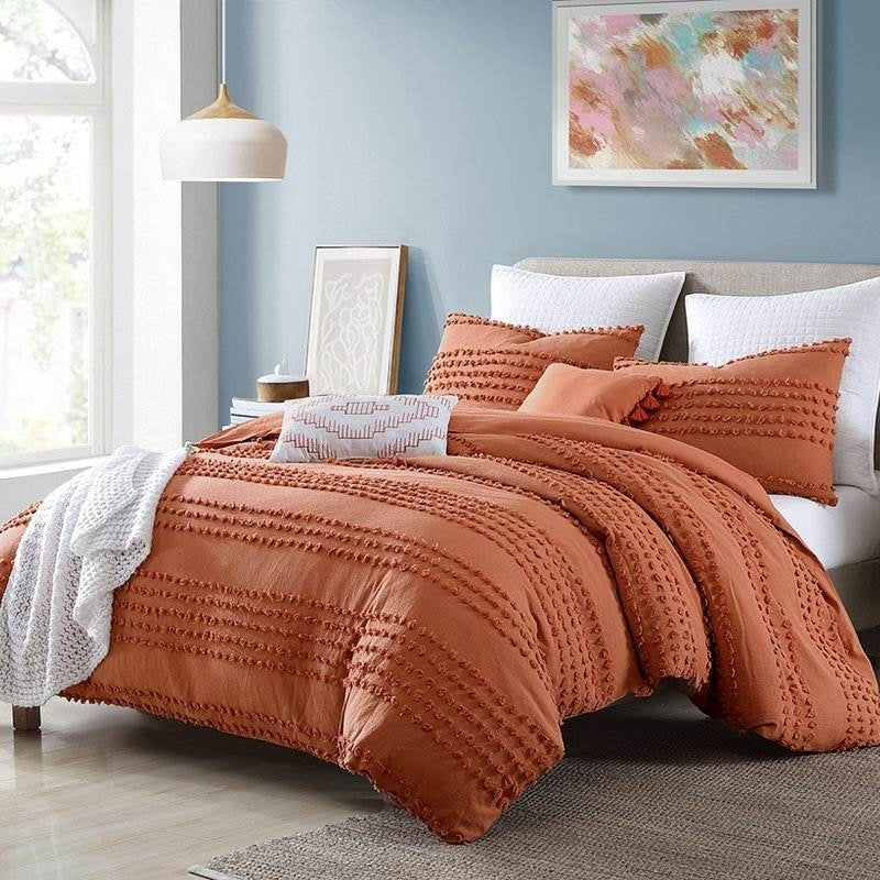 Full/Queen 5-Piece 100-Percent Cotton Clip Dot Comforter Set in Brick Orange W2B