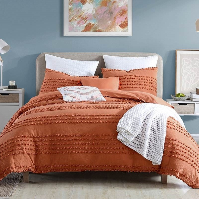 Full/Queen 5-Piece 100-Percent Cotton Clip Dot Comforter Set in Brick Orange W2B