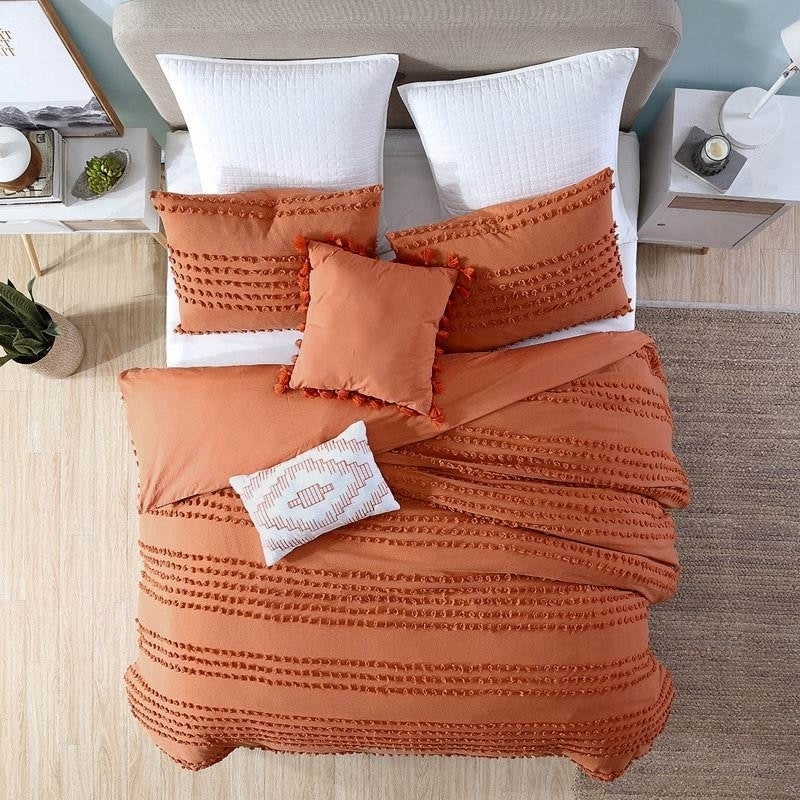 Full/Queen 5-Piece 100-Percent Cotton Clip Dot Comforter Set in Brick Orange W2B
