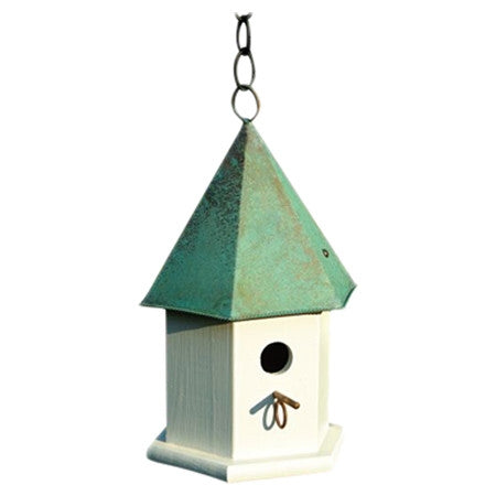 White Wood Bird House with Verdi Green Copper Roof - Made in USA FastFurnishings