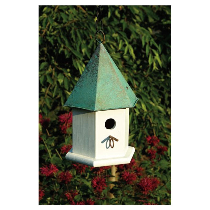 White Wood Bird House with Verdi Green Copper Roof - Made in USA FastFurnishings