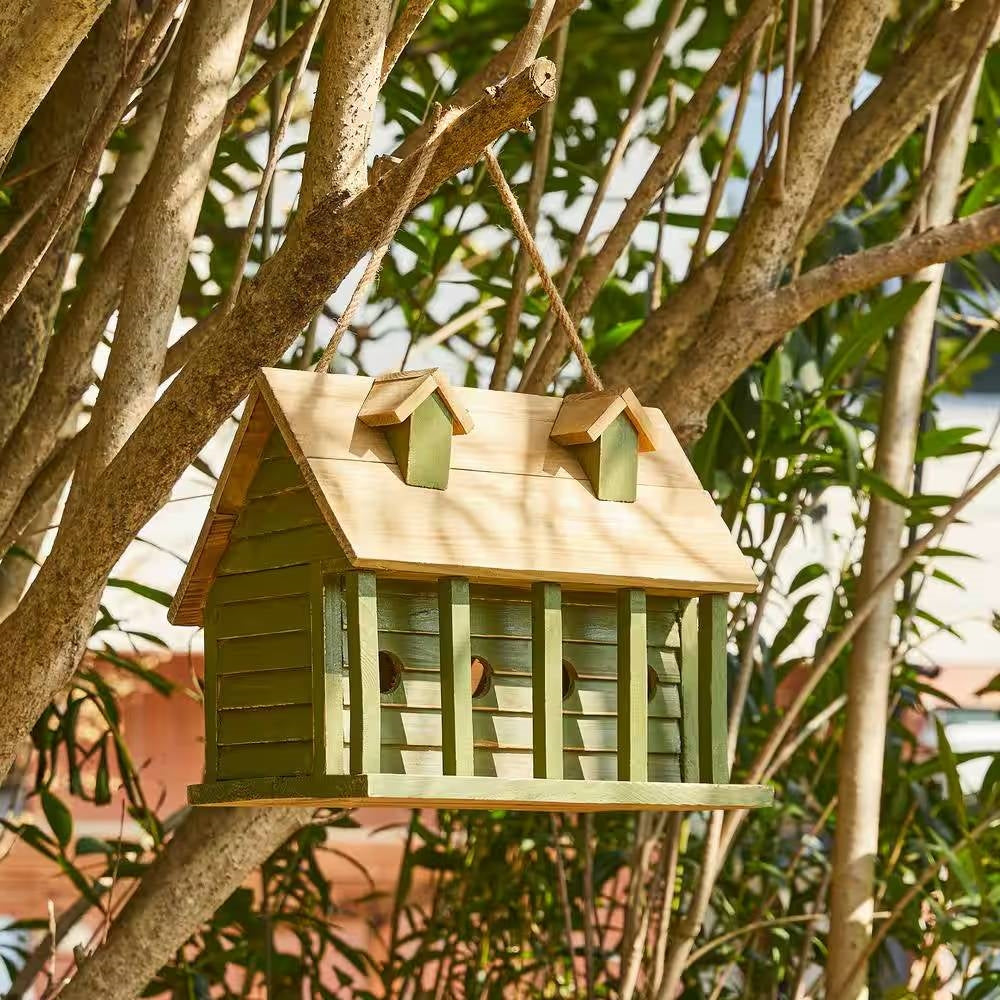 Green Wood Garden Bird House with 1 Compartment and 4 Holes FastFurnishings