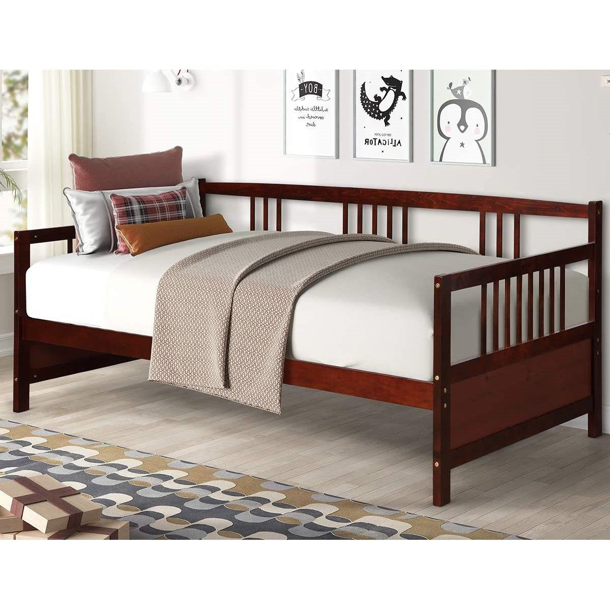 Twin size 2-in-1 Wood Daybed Frame Sofa Bed in Brown Cherry Finish FastFurnishings