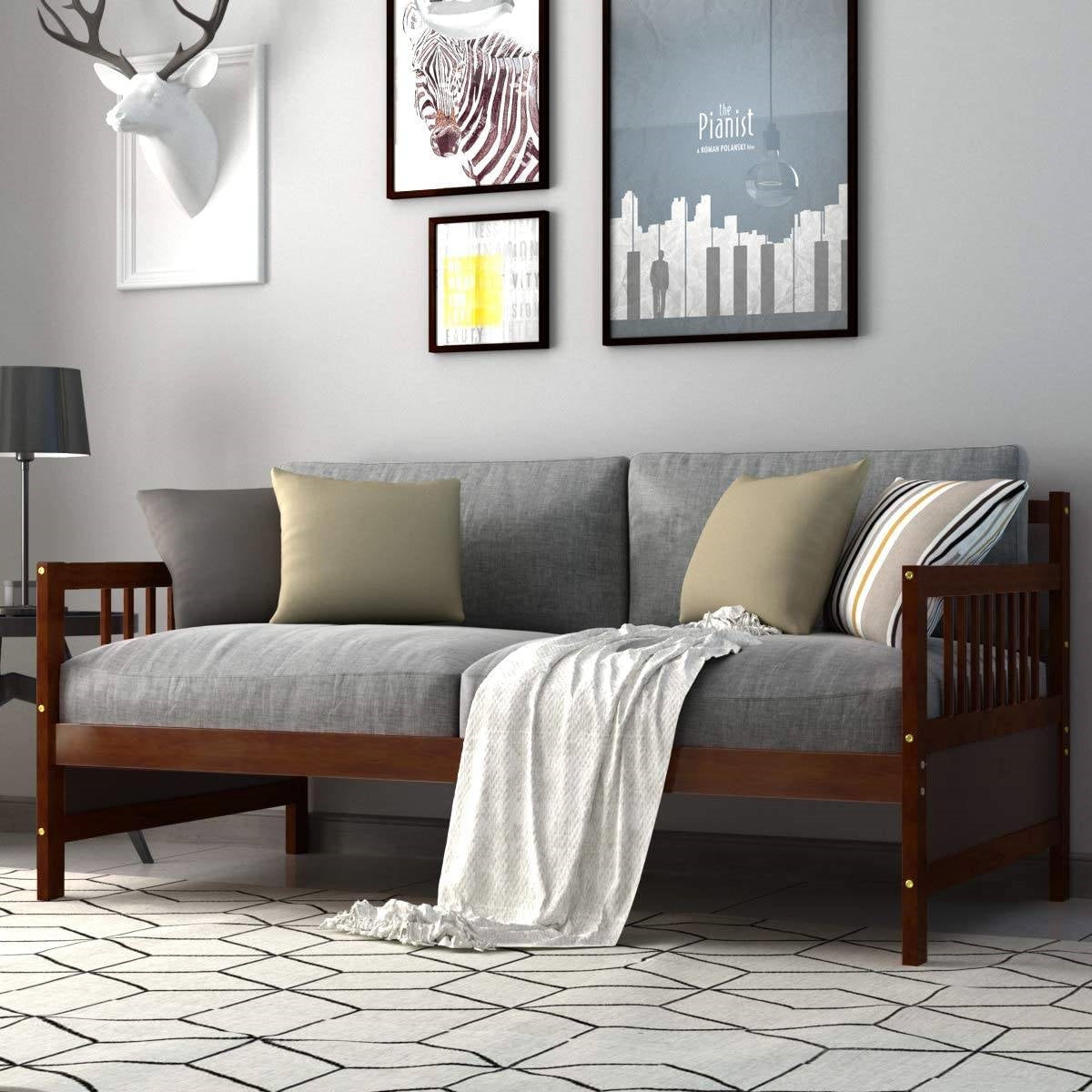 Twin size 2-in-1 Wood Daybed Frame Sofa Bed in Brown Cherry Finish FastFurnishings