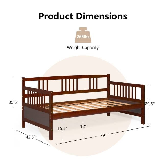 Twin size 2-in-1 Wood Daybed Frame Sofa Bed in Brown Cherry Finish FastFurnishings