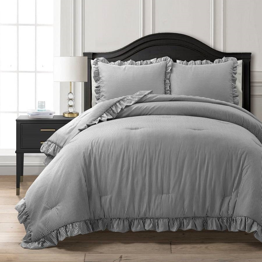 Full/Queen Grey White Stripe Ruffle Reversible 3 Piece Comforter Set FastFurnishings