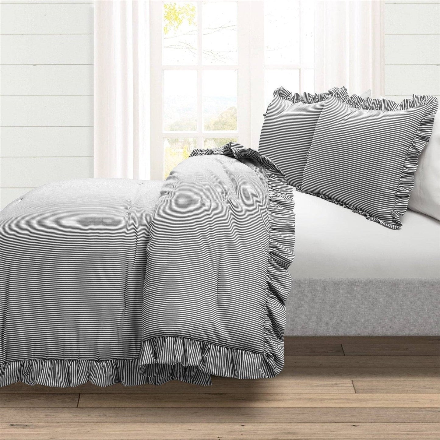 Full/Queen Grey White Stripe Ruffle Reversible 3 Piece Comforter Set FastFurnishings