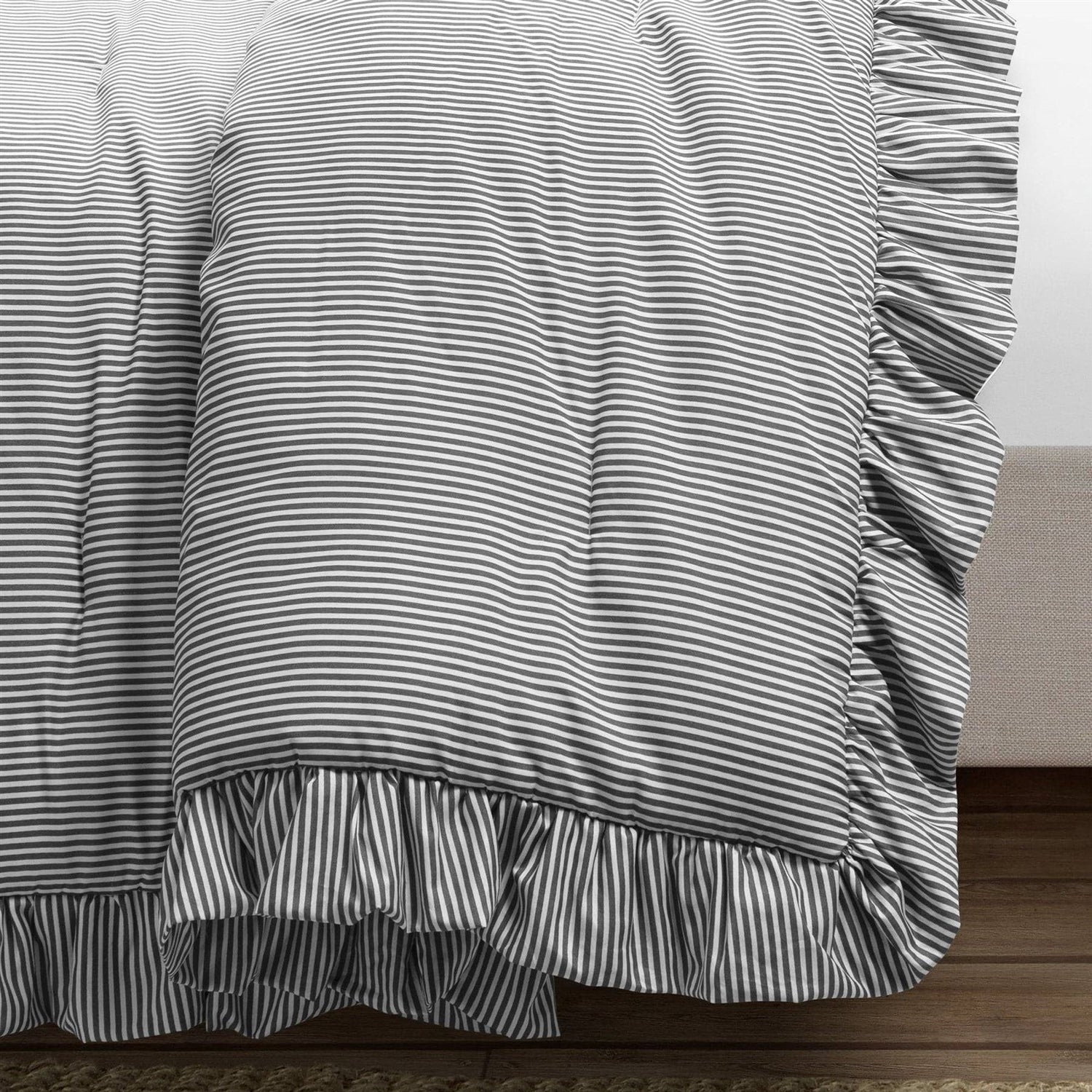 Full/Queen Grey White Stripe Ruffle Reversible 3 Piece Comforter Set FastFurnishings