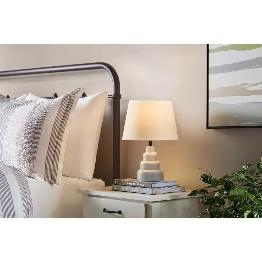 Small Grey Desk Light Table Lamp with White Fabric Shade for Bedside Nightstand FastFurnishings