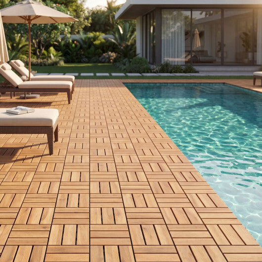 12 x 12 Inch 27 Piece Acacia Wood Interlocking Deck Tiles with Waterproof Design-Natural W2B