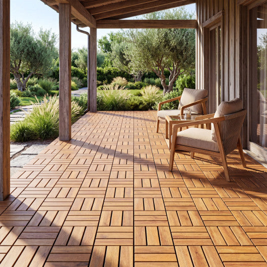 12 x 12 Inch 27 Piece Acacia Wood Interlocking Deck Tiles with Waterproof Design-Natural W2B