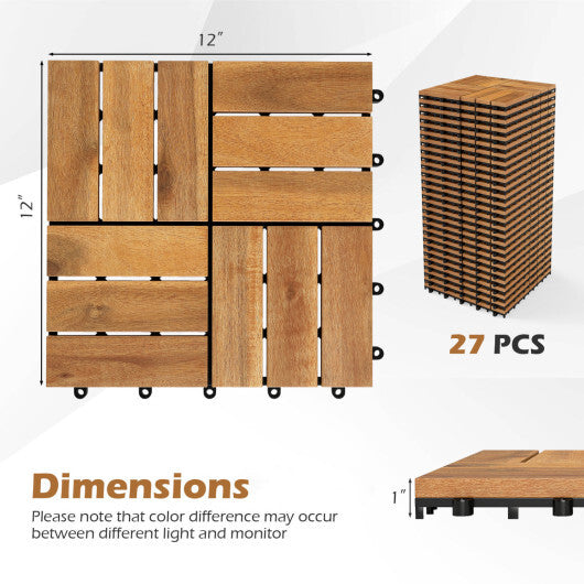 12 x 12 Inch 27 Piece Acacia Wood Interlocking Deck Tiles with Waterproof Design-Natural W2B