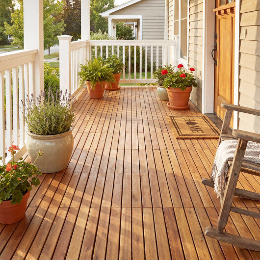 12 x 12 Inch 27 Pieces Acacia Wood Interlocking Deck Tiles with Waterproof Design-Natural W2B