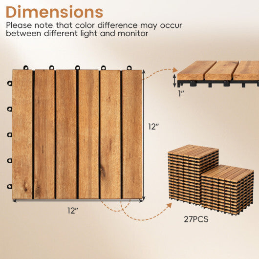12 x 12 Inch 27 Pieces Acacia Wood Interlocking Deck Tiles with Waterproof Design-Natural W2B