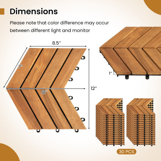 12 x 12 Inch 30 Pieces Acacia Wood Interlocking Deck Tiles- Natural W2B