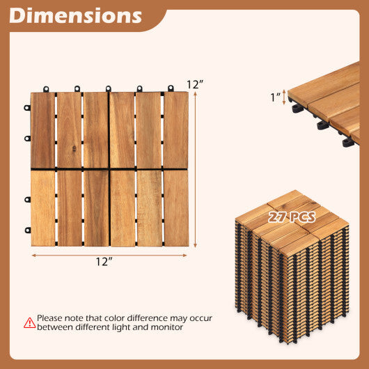12 x 12 Inch 27 Pieces Acacia Wood Interlocking Deck Tiles-Natural W2B
