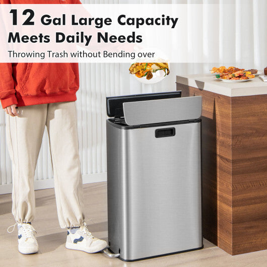 12 Gal Stainless Steel Trash Can with Soft-Closing Wing Lids-Silver W2B