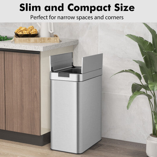 13.2 Gal Slim Kitchen Trash Can with Wing Lids and Stainless Steel Frame W2B