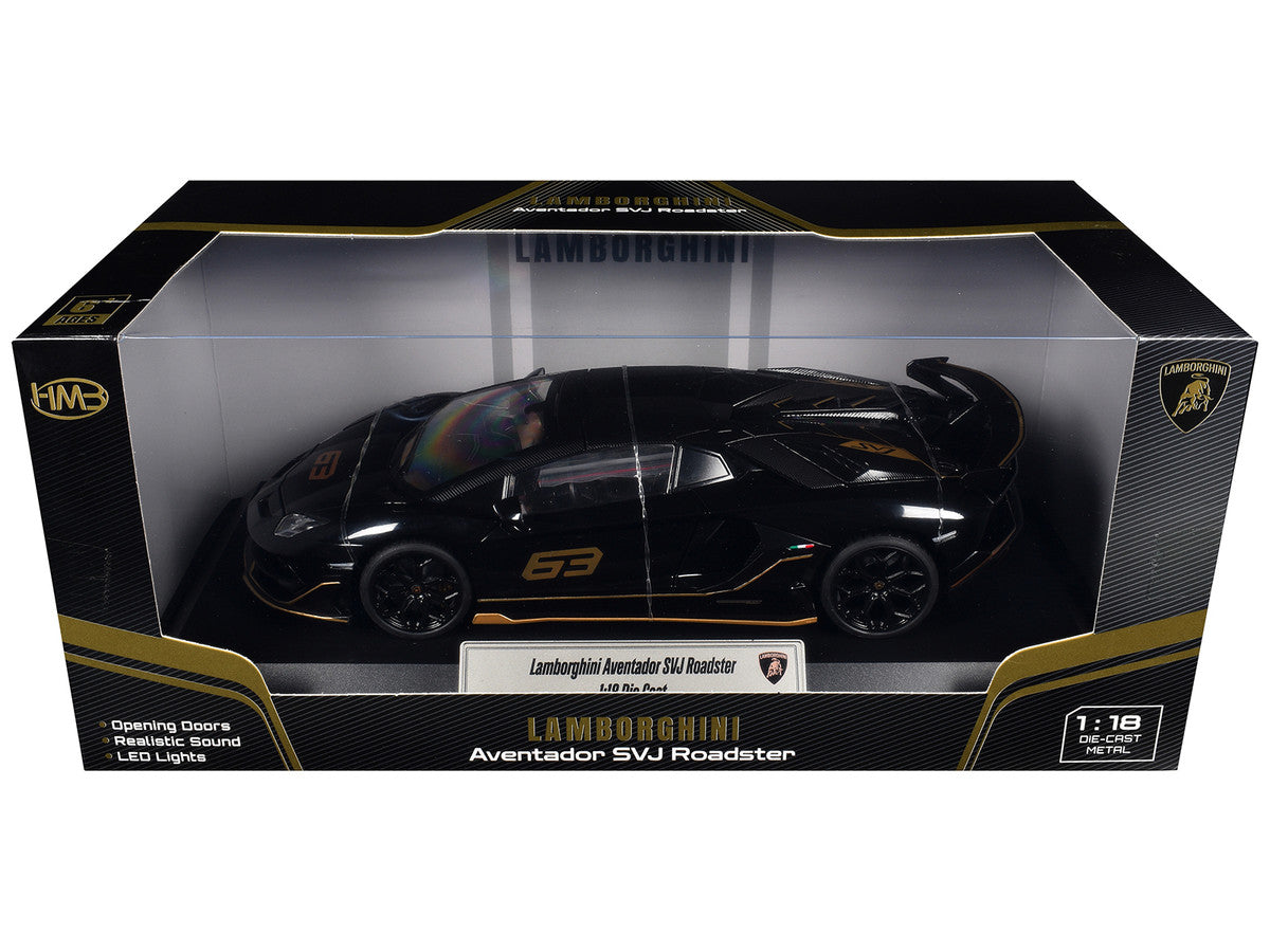 Lamborghini Aventador SVJ Roadster Black with Carbon Top and Gold Accents 1/18 Diecast Model Car by Heimanba Heimanba