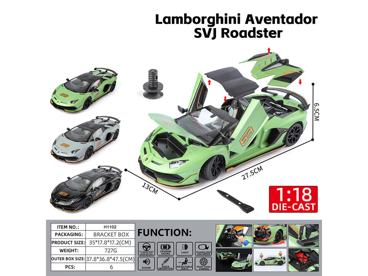Lamborghini Aventador SVJ Roadster Green Metallic with Carbon Top and Gold Accents 1/18 Diecast Model Car by Heimanba Heimanba