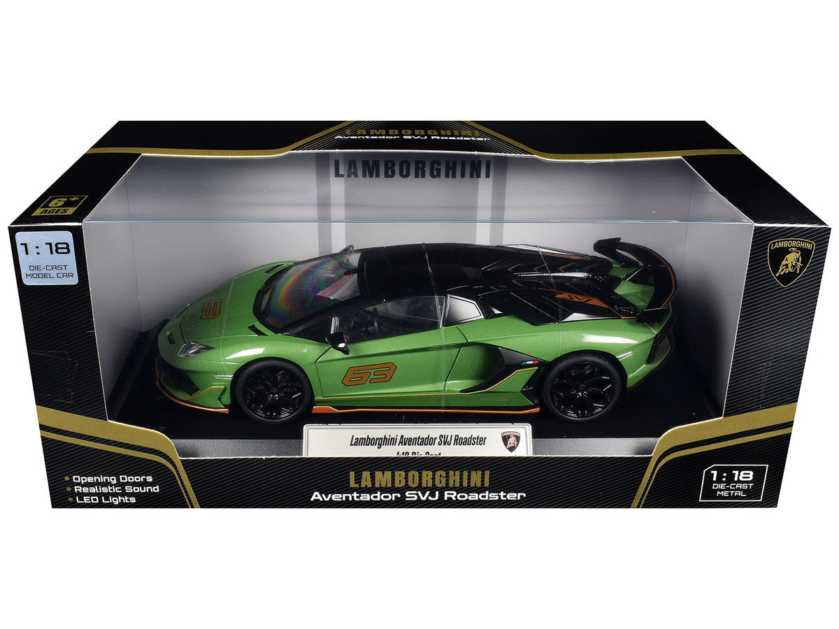 Lamborghini Aventador SVJ Roadster Green Metallic with Carbon Top and Gold Accents 1/18 Diecast Model Car by Heimanba Heimanba