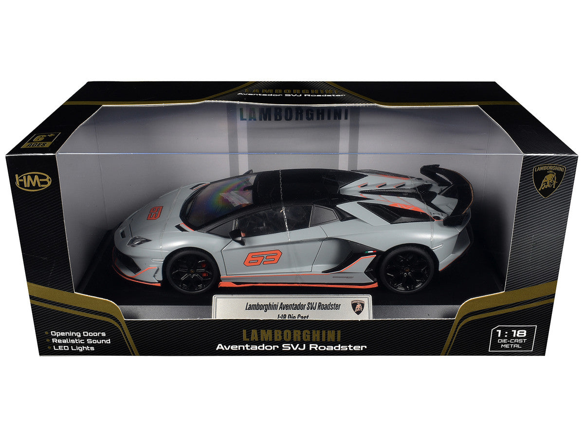 Lamborghini Aventador SVJ Roadster Matt Gray with Carbon Top and Orange Accents 1/18 Diecast Model Car by Heimanba Heimanba