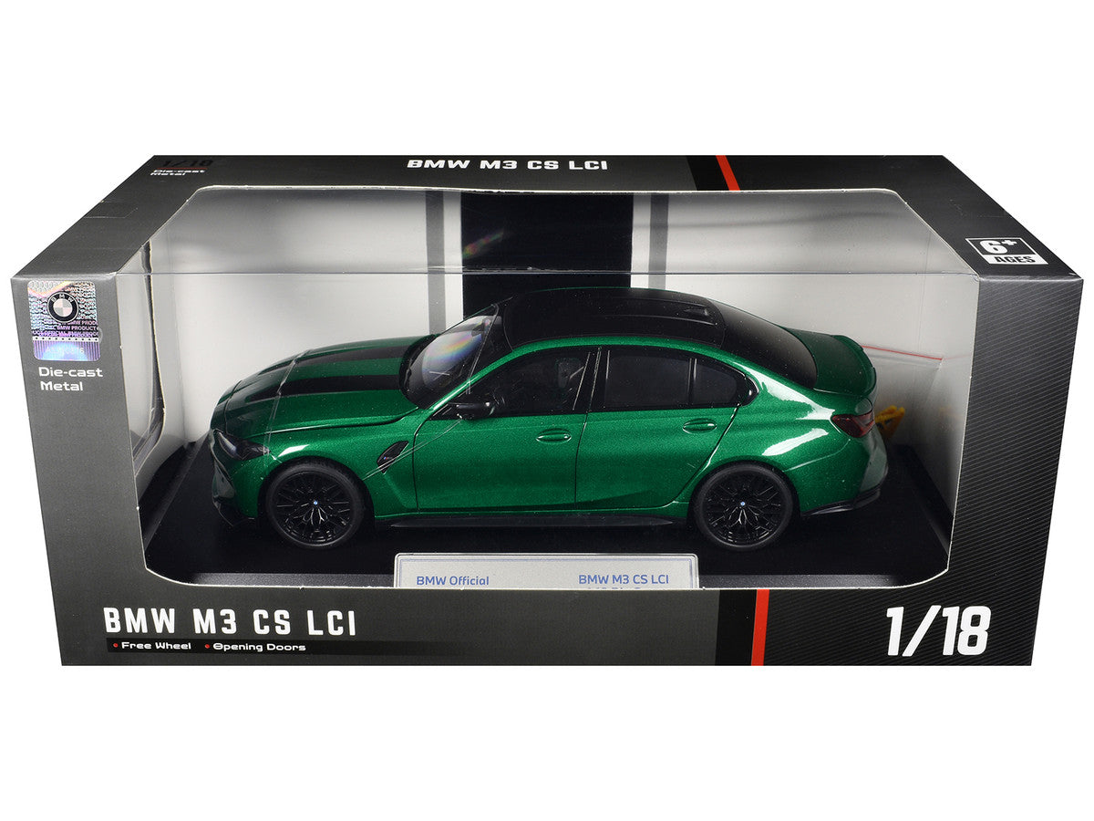 BMW M3 CS LCI Green Metallic with Matt Black Top and Hood Stripes 1/18 Diecast Model Car by Heimanba Heimanba